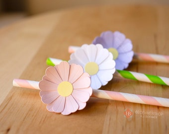 Pastel Daisy Straw Toppers, Party Decorations (Set of 12)
