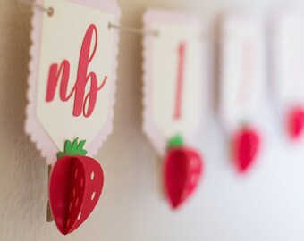 3D Strawberry First Birthday Photo Banner, 12 Month Milestone Garland, Berry First Birthday Party Themed Decorations