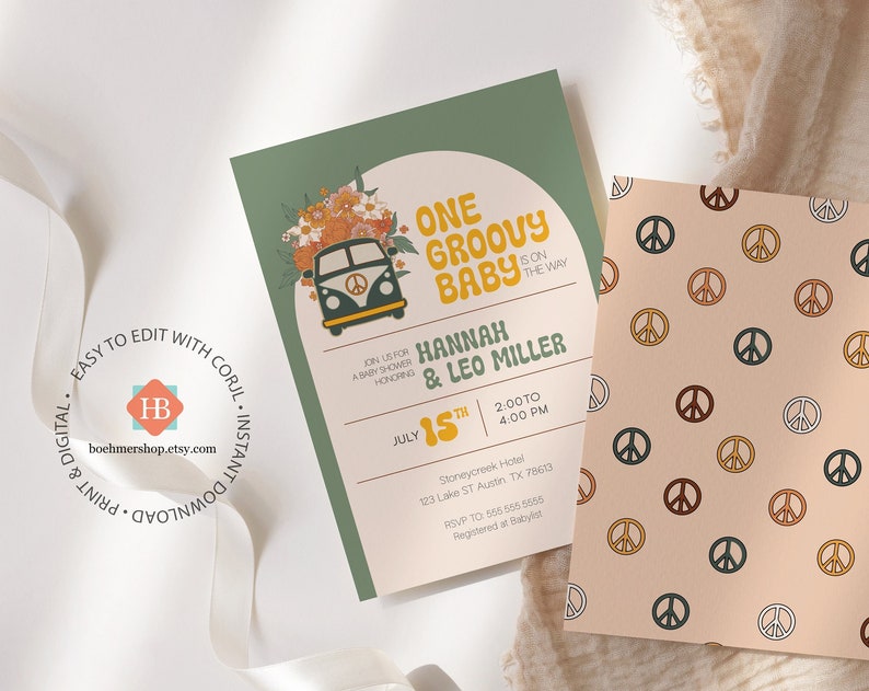 One Groovy Baby Shower Retro 70s Invitation 5X7 Gender Neutral Baby Shower Editable Invitation Custom Invitation INSTANT