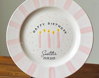 Hand-Painted Ceramic Birthday Plate for Girl, Personalized Ceramic Keepsake Plate, Pink Birthday Candle Plate