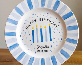 Hand-Painted Ceramic Birthday Plate for Boy, Personalized Ceramic Keepsake Plate, Blue Birthday Candle Plate