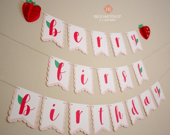 3D Strawberry First Birthday Banner, Berry Party Garland, Berry First Birthday Party Themed Decorations