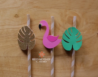 Flamingo Straw Toppers/Flamingo Birthday Decoration/Flamingo Straws /Tropical Party Straw Topper / Monstera Leaf Straw