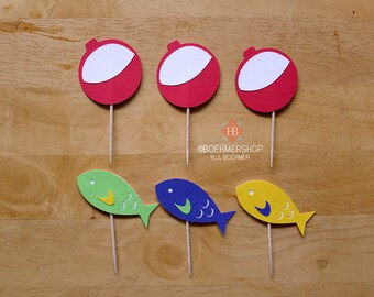 Fishing Cupcake Toppers, The Big One Theme Birthday Party Decorations, (Set of 12)