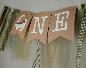 One Lucky Duck First Birthday Highchair Garland with Tutu, Duck Theme Birthday Party Decorations