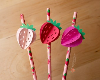 3D Strawberry Straw Toppers, Berry First Birthday Party Decor (Set of 12)