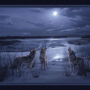 May include: Three gray wolves howl at the moon in a snowy landscape. The moon is full and bright, casting a soft glow on the scene. The wolves are silhouetted against the night sky.