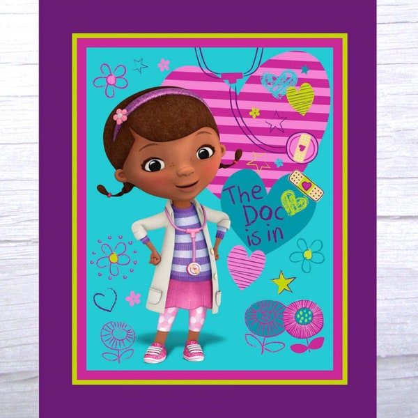 Doc McStuffins -The Doc is In - Springs Creative - 100 % Cotton - Licensed Fabric Panel - 36 x 45-  Cut to order  -  Ready to ship