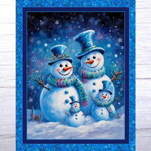 Christmas Snow Family Snowmen SnowChild Snowwoman Quilt Panel Fabric - By MDG Fabrics - 36 x 45 - 100% Cotton - Ready to ship