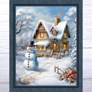 Snowman Cottage Digital Christmas Quilt Fabric Panel - By MDG Fabrics - 36 x 45 - 100% Cotton - Ready to ship