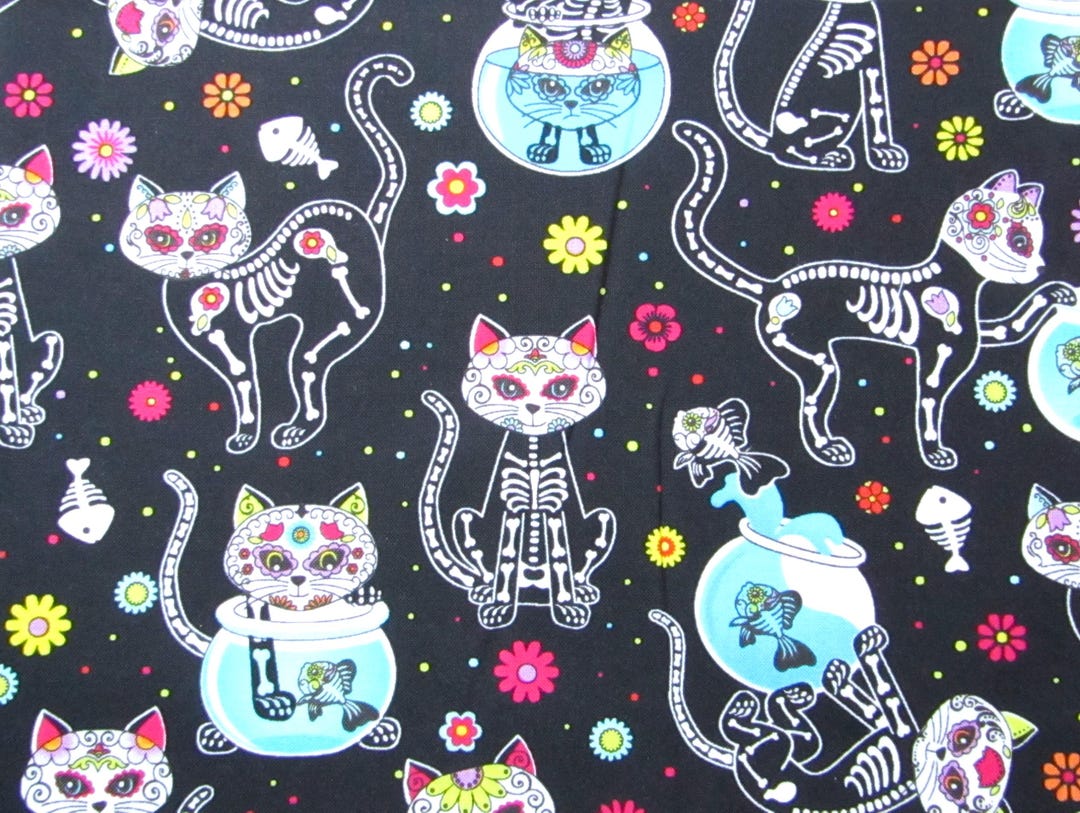 BTY HTF OOP Timeless Treasures Day of the Dead Skeleton Cats Print ...