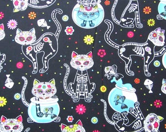 BTY - HTF - OOP - Timeless Treasures Day of the Dead Skeleton Cats Print Fabric - 100% Cotton