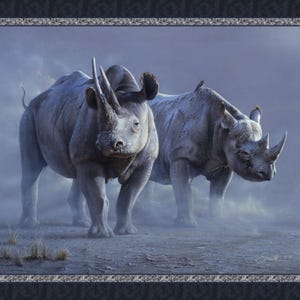 May include: Two black rhinoceroses stand in a misty field. The rhinoceroses are facing different directions, with the one in the foreground looking directly at the viewer. The background is a hazy blue.