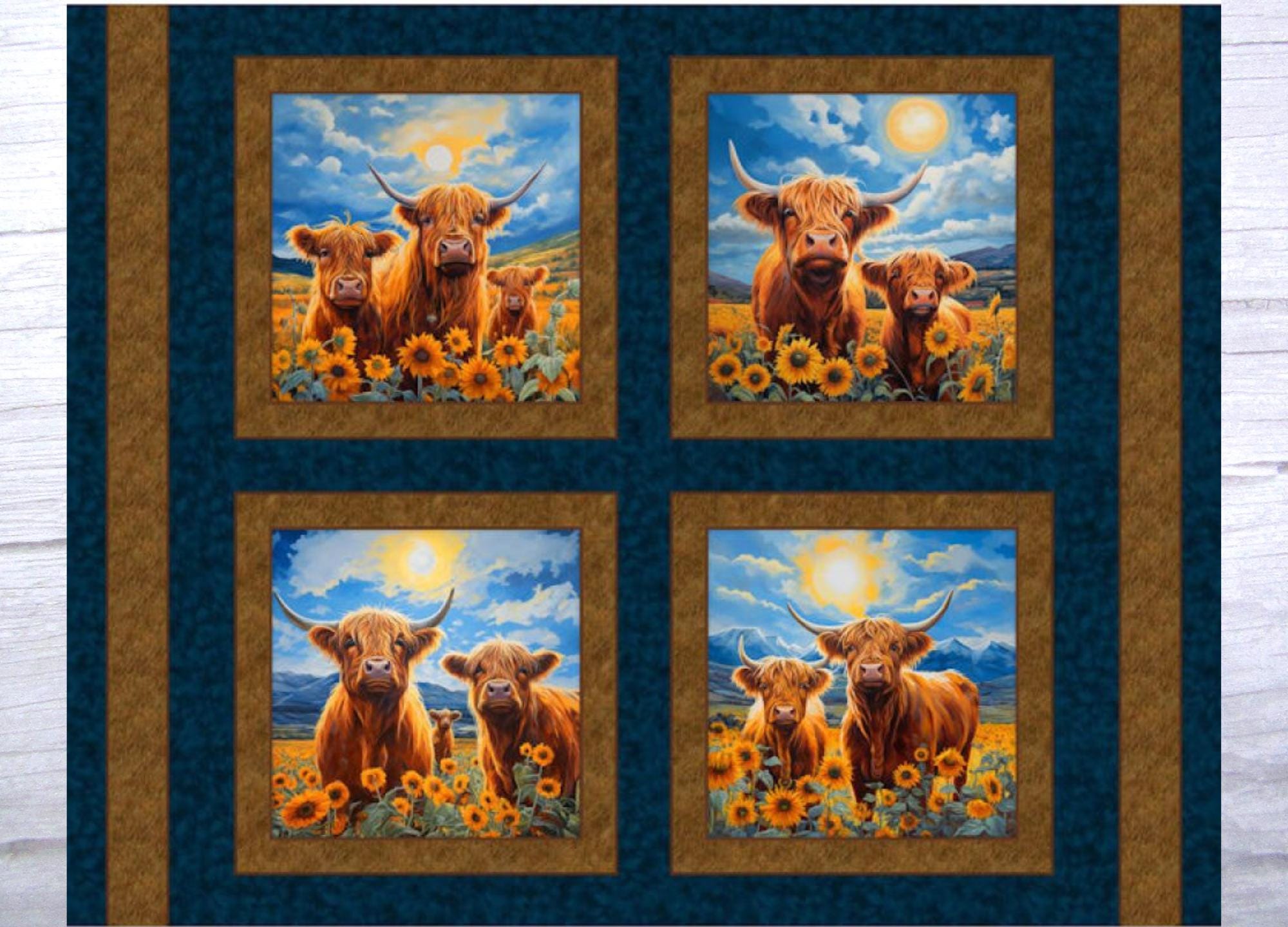 Sunny Highlands - MDG Fabrics - Highland Cows Fabric Quilt Pillow Panel - 45 x 36 - 100% Cotton - Ready to ship