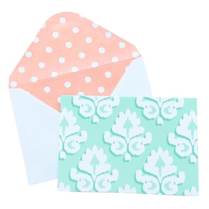 Zestaw pustych kartek, Mint Damask - zestaw DZIESIĘCIU pustych kartek 5" x 3.5" z pasującymi zadrukowanymi kopertami od Bloom Planners