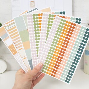May include: A set of colorful planner stickers with various designs, including a sheet of small, colorful circles.