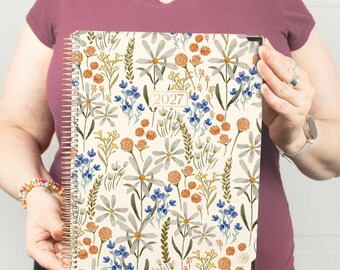 2027 Calendar Year Hard Cover Planner, 8.5" x 11" | Large Weekly and Daily Planner | Whimsical Wildflowers
