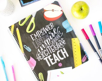Undated Teacher Planner & Calendar, Academic Year 12 Month August to July  9" x 11" Chalkboard Lesson Planner bloom planners