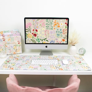 Garden Party Beige Desk Pad | 15.5" x 35" Large Non-Slip Mouse Pad with Smooth Surface & Stitched Edges | Cute Office Desk Mat