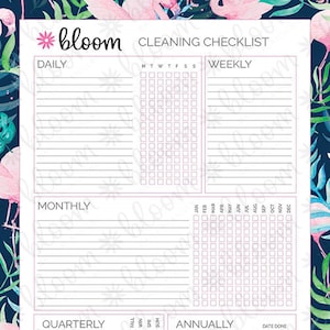 Lista de verificación del programa de limpieza (PDF imprimible): realice un seguimiento de las tareas de limpieza diarias, semanales, mensuales, trimestrales y anuales. Descarga instantánea.