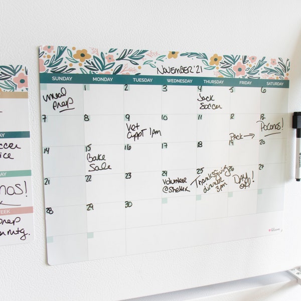 Dry Erase Calendar & Planning Set, 3-piece Set, Magnetic calendar, Garden Blooms Monthly and Weekly Planner with Dry Erase Marker