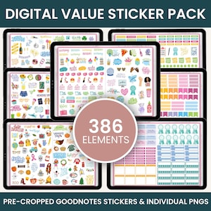 May include: A digital sticker pack with 386 elements for Goodnotes. The pack includes a variety of stickers, including flags, banners, and other decorative elements. The stickers are pre-cropped and ready to use in Goodnotes.