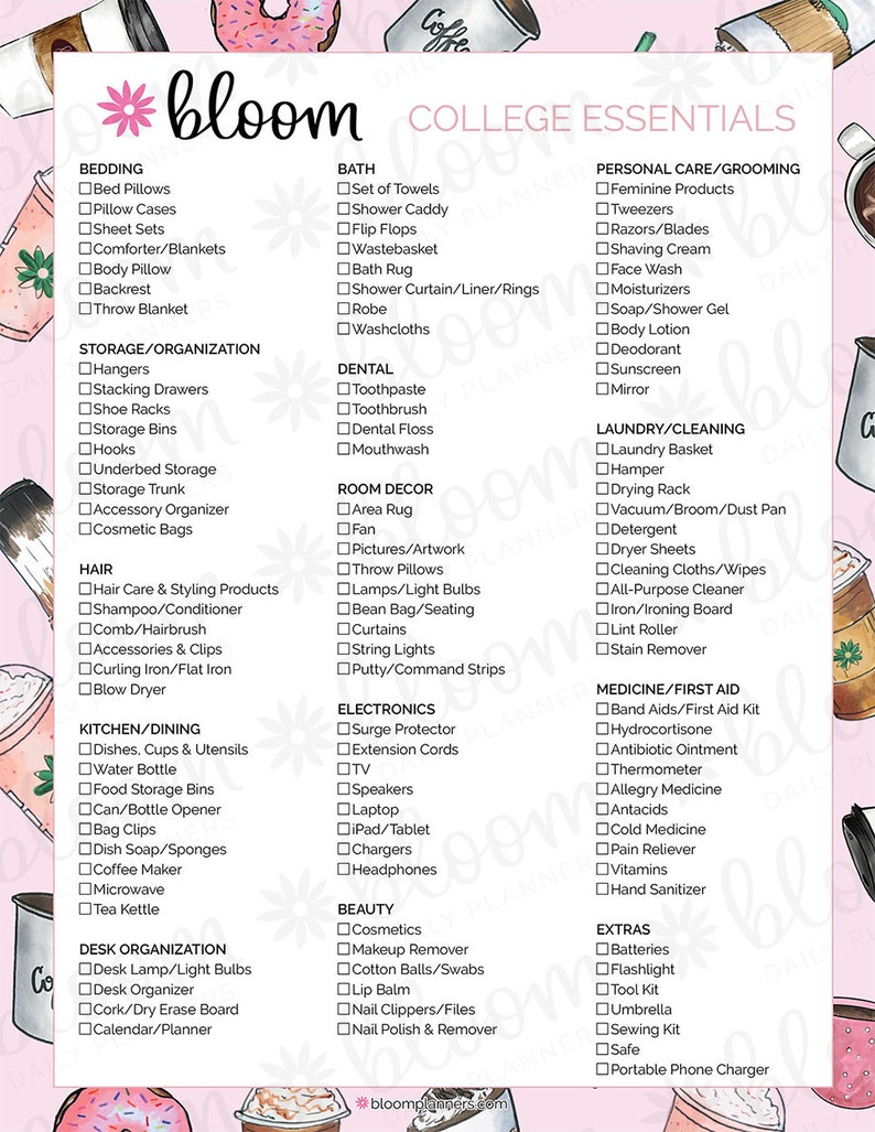 college essentials packing list printable pdf 85x11 etsy