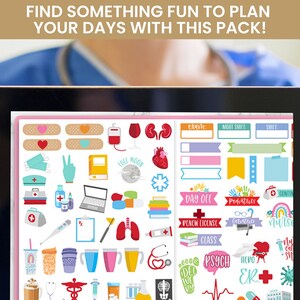 May include: A digital planner with colorful stickers for nurses. The stickers include medical symbols, hearts, coffee cups, and more. The text on the stickers includes "Day Off", "Pediatrics", "Nurse", "Psych", "ER", and "Renew License".