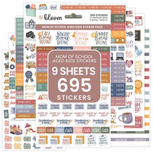May include: A pack of 9 sheets containing 695 stickers titled Mom of School Aged Kids Sticker Pack. The stickers feature various school-related themes, seasonal breaks, and daily tasks in a variety of colors, fonts, and graphic illustrations.