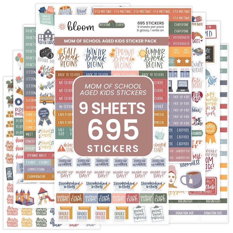 May include: A pack of 9 sheets containing 695 stickers titled Mom of School Aged Kids Sticker Pack. The stickers feature various school-related themes, seasonal breaks, and daily tasks in a variety of colors, fonts, and graphic illustrations.