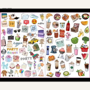 May include: A digital tablet screen displaying a variety of colorful stickers. The stickers include images of food, drinks, travel, and party items. The text "Today", "To do", "Note", "dont forget", "PARTY", and "#offline" are visible on the screen.