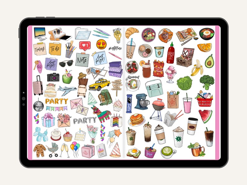 May include: A digital tablet screen displaying a variety of colorful stickers. The stickers include images of food, drinks, travel, and party items. The text "Today", "To do", "Note", "dont forget", "PARTY", and "#offline" are visible on the screen.