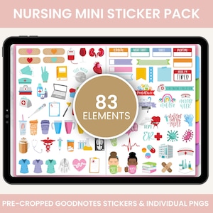 May include: A digital tablet screen displaying a set of 83 colorful nursing themed stickers. The stickers include medical symbols, phrases like "Nurse Week" and "Hero", and images of coffee cups, stethoscopes, and bandages. The stickers are pre-cropped for use with Goodnotes.