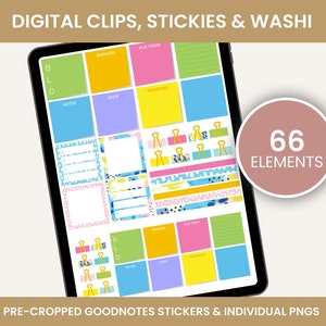 May include: A digital planner screen displaying 66 colorful digital stickers, clips, and washi tape. The stickers are pre-cropped for use with Goodnotes and are available as individual PNG files. The stickers feature a variety of designs, including geometric shapes, abstract patterns, and floral motifs.