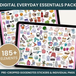Puede incluir: Un paquete de pegatinas digitales para planificadores con más de 185 elementos dibujados a mano. Las pegatinas están precortadas para usar con Goodnotes y también están disponibles como archivos PNG individuales. Las pegatinas presentan una variedad de artículos cotidianos, que incluyen comida, bebidas, ropa y artículos para el hogar.