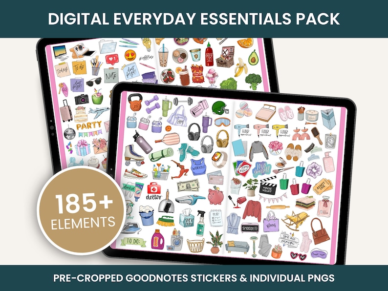 May include: A digital planner sticker pack with over 185 hand-drawn elements. The stickers are pre-cropped for use with Goodnotes and are also available as individual PNG files. The stickers feature a variety of everyday items, including food, drinks, clothing, and household items.