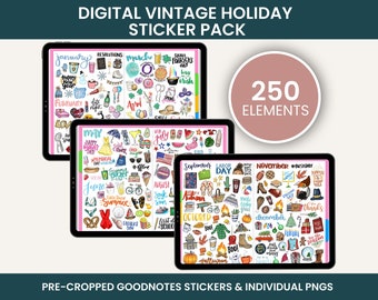 Vintage Holiday Digital Stickers | Hand-Drawn Seasonal PNGs and GoodNotes Sticker Pack for iPad Planners & Journals - bloom daily planners