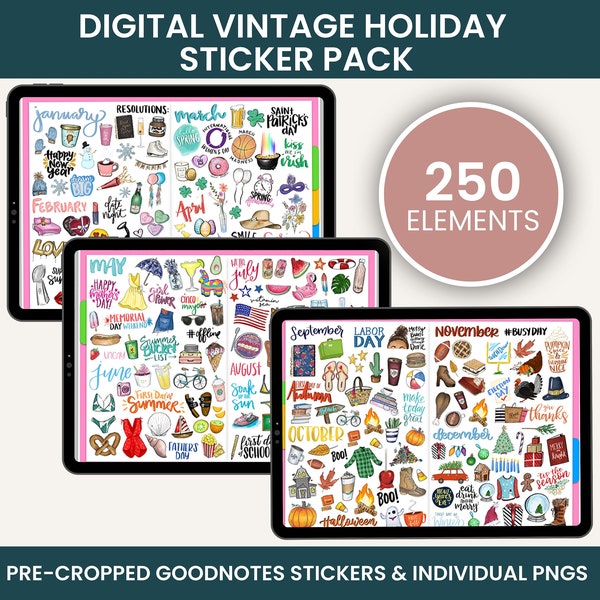Digital Stickers, VINTAGE HOLIDAY PACK, Pre-cropped Goodnotes stickers and PNGs