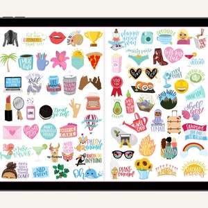 May include: A digital planner with colorful stickers featuring various phrases and illustrations. The stickers include phrases like "Let me pencil that in", "Treat yo self", "Make yourself proud", "Nap Queen", "Party animal", "Shine bright", "Stay wild", "Shell yes!" and "Plans cancelled!"