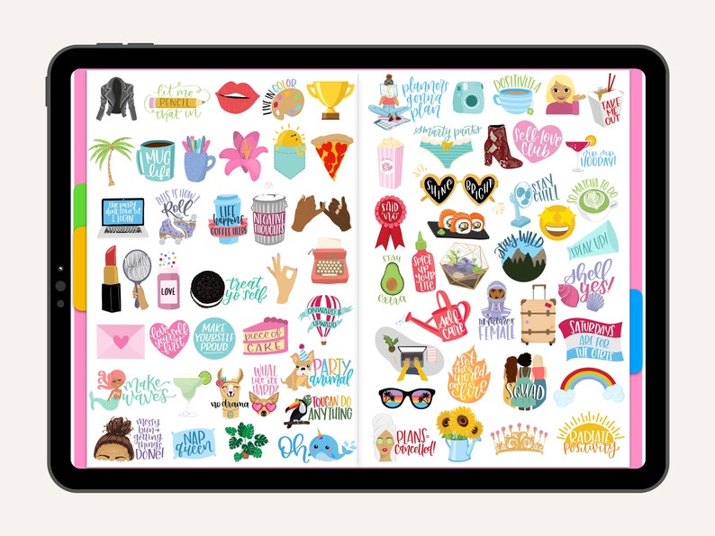 May include: A digital planner with colorful stickers featuring various phrases and illustrations. The stickers include phrases like "Let me pencil that in", "Treat yo self", "Make yourself proud", "Nap Queen", "Party animal", "Shine bright", "Stay wild", "Shell yes!" and "Plans cancelled!"