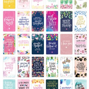 May include: A set of 20 colorful affirmation cards with floral and animal illustrations. Each card features a positive message, such as "You are making a difference every day" and "You're the best! I asked everyone and we all agreed."