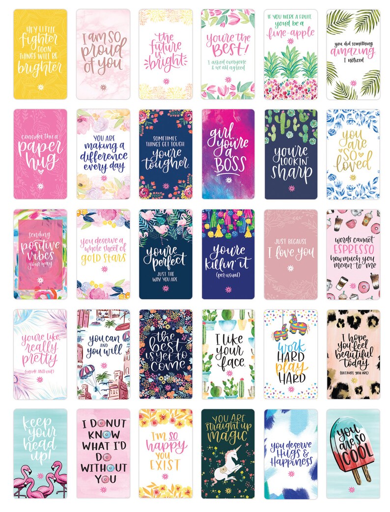 May include: A set of 20 colorful affirmation cards with floral and animal illustrations. Each card features a positive message, such as "You are making a difference every day" and "You're the best! I asked everyone and we all agreed."