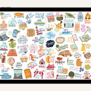 May include: A digital illustration on a tablet featuring summer-themed icons and text. Icons include a cruise ship, fireworks, a beach scene, and text like "go surfing" and "have a bonfire". The color palette is bright and cheerful.
