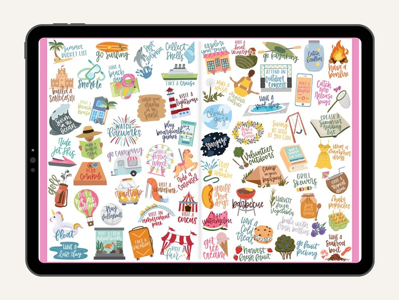 May include: A digital illustration on a tablet featuring summer-themed icons and text. Icons include a cruise ship, fireworks, a beach scene, and text like "go surfing" and "have a bonfire". The color palette is bright and cheerful.