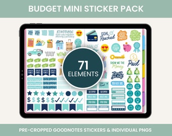May include: A digital planner screen displaying a set of 71 colourful budget-themed stickers. The stickers feature illustrations of money, piggy banks, houses, cars, and other financial-related icons. The stickers are pre-cropped for use with Goodnotes.