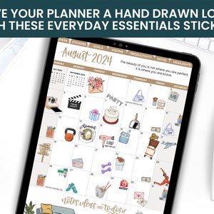 May include: A digital planner with a hand-drawn August 2024 calendar. The calendar has stickers with various illustrations, including a party hat, a gift box, a dumbbell, a suitcase, and a camera. The text "The beauty of you is not where you are perfect. It is where you are brave." is at the top of the calendar.