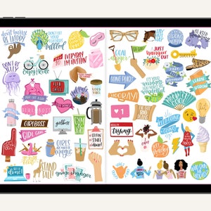 May include: A digital planner with colorful stickers featuring motivational quotes and illustrations. The stickers include phrases like "Don't Worry Be Happy", "Girl Boss", "Keep Going", and "Just Peachy".