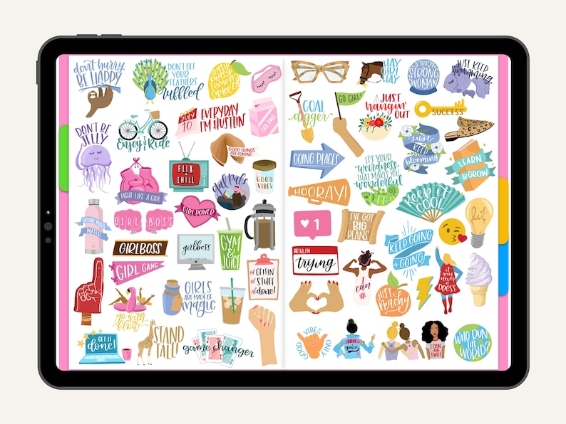 May include: A digital planner with colorful stickers featuring motivational quotes and illustrations. The stickers include phrases like "Don't Worry Be Happy", "Girl Boss", "Keep Going", and "Just Peachy".