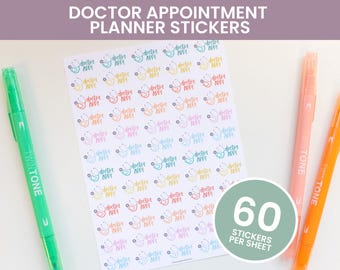 May include: A sheet of 60 colorful doctor appointment planner stickers with a stethoscope design and the text "doctor appt" on each sticker. The stickers are on a white background.