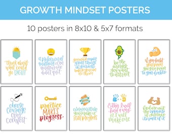 10 Printable Posters - Growth Mindset for Teachers and Classrooms - 8x10 and 5x7 Quotes